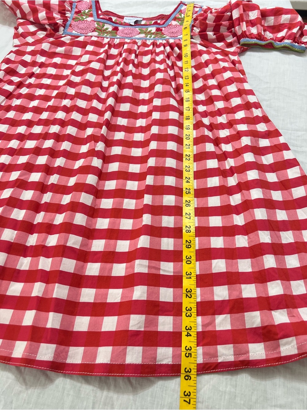 Mi Golondrina Red Pink and White Gingham Embroidered Peasant Short Dress XL - Picture 5 of 7